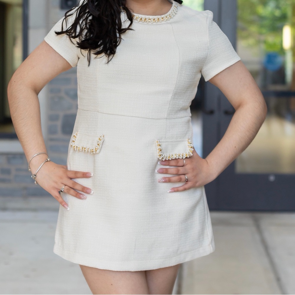 SHEIN Cream Tweed Mini Dress with Beaded Trim